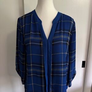 New York & Company Blue Mandarin Collar 3/4 Sleeve Blouse